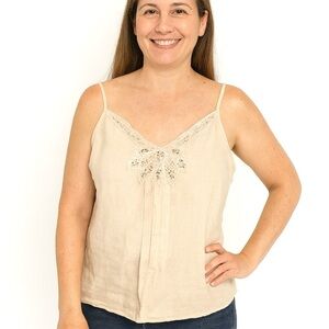 VTG Carole Little 100% linen spaghetti strap Gem embellished front top, size L
